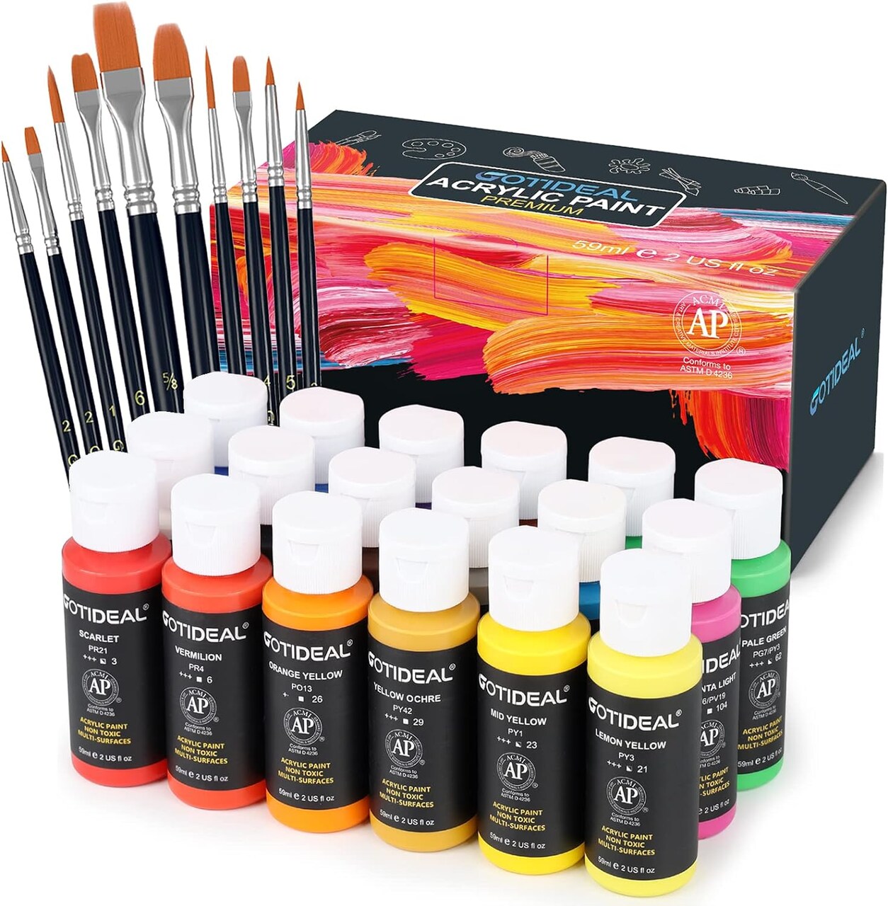 Acrylic Paint Set with 10 Brushes, 18 Colors(59ml, 2 oz) Art Craft Paint Non Toxic, Perfect for Hobby Painters, Artist, Adults, Ideal for Canvas Wood Ceramic Paint Supplies